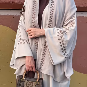 plus size, women's elegant robe long sleeve abaya with headscarf, beige/white/ brown/black/gray/, machine washable non stretch formal & everyday islamic clothing for weddings, religious events, casual outfits modest muslim gown, wedding attire, decorative embroidery, embroidered details, modest fashion