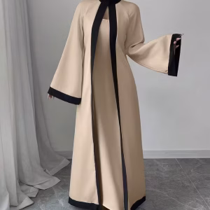 women's islamic abaya robe elegant beige & black islamic dress with long flowing train, non stretchy formal gown for weddings, galas, cultural events modest