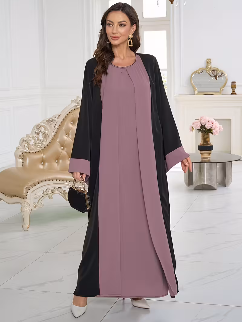 plus size plus size the 2025 new model features a breathable and comfortable black and rose red color blocked design, among other things, making it a stylish and versatile abaya robe. {no headscarf}.