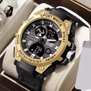 stylish dual display digital analog sport watch with chronograph, date indicator & 24h alarm