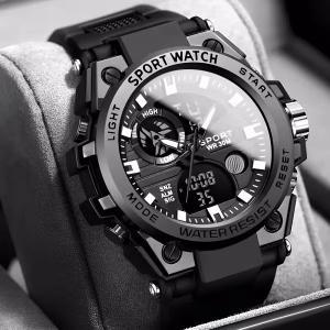 stylish dual display digital analog sport watch with chronograph, date indicator & 24h alarm